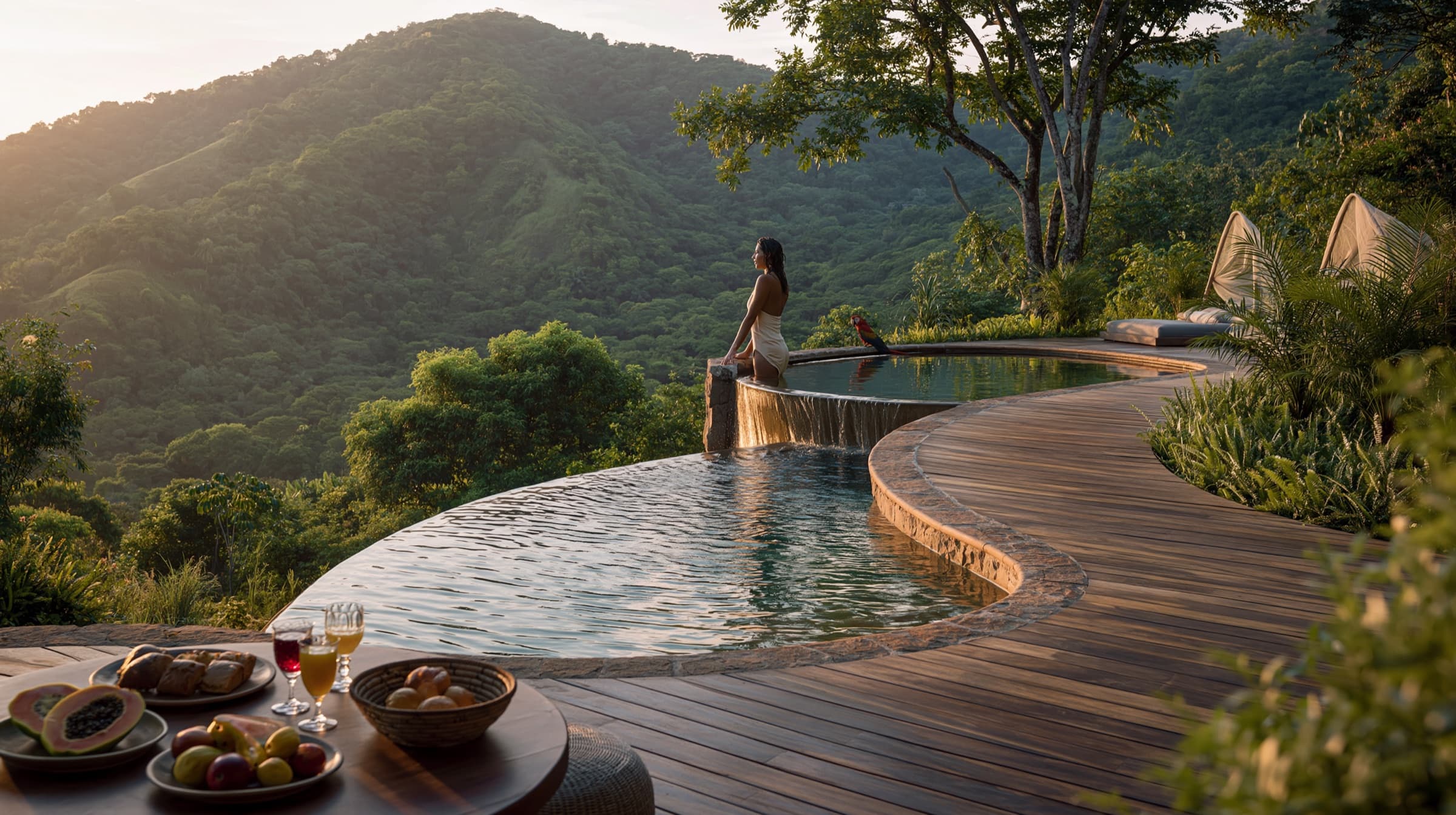 Eco-villa con piscina de borde infinito sobre el bosque seco tropical, atardecer con guacamaya al borde