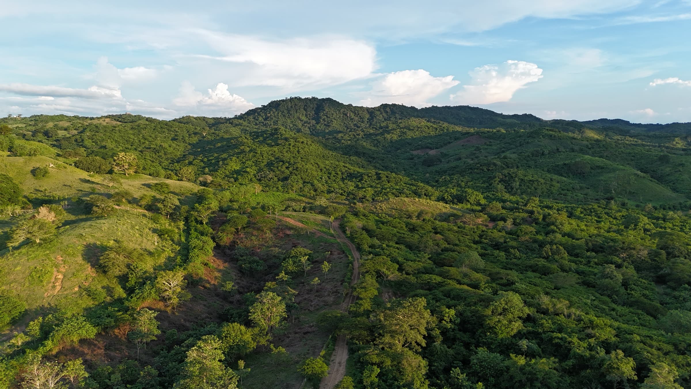 Vista aérea del Cerro El Peligro y los anillos de bosque seco tropical de Los Loros bajo el cielo azul del Caribe