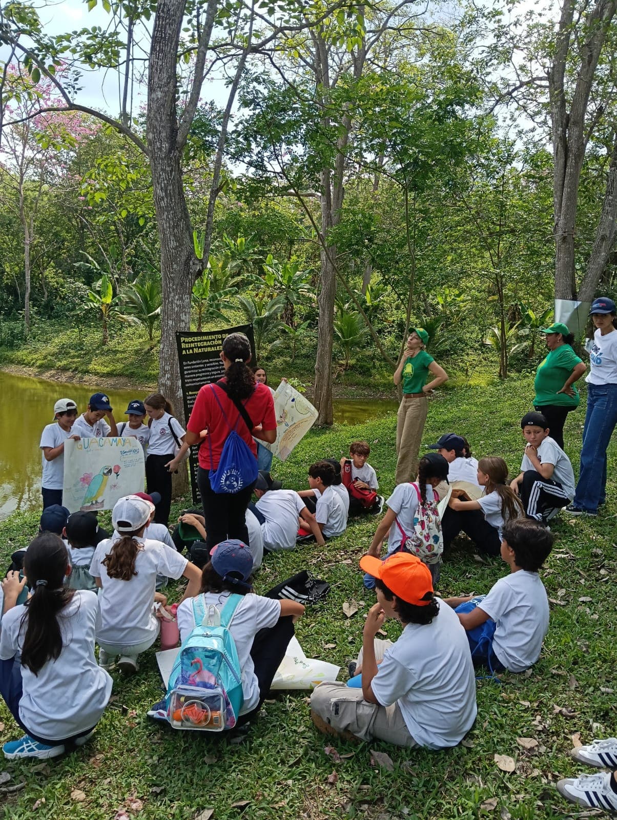 Los carteles del Colegio Cojowa junto al estanque